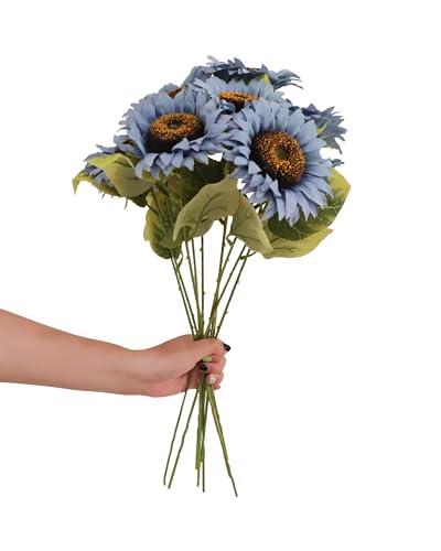 ShineSnow 10pcs Sunflowers Artificial Floral Flowers Fake Silk Sunflower with Stem Vintage Colorful Sunflower Decorations for Wedding Table Centerpiece Party Birthday Home Decor Blue