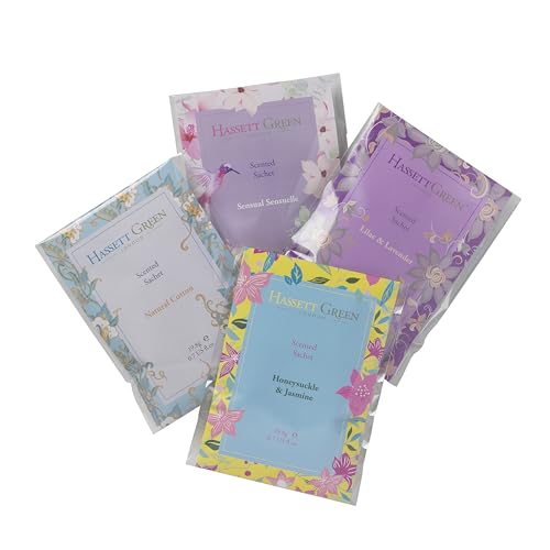 Hassett Green London Hand Made Scented Sachet Large - Four Pack Honeysuckle & Jasmine, Lilac & Lavender, Natural Cotton, Sensual Sensuelle - For Wardrobes and Drawers
