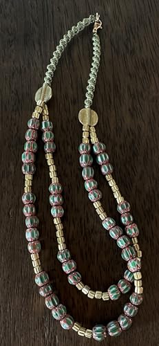 Collier ras-du-cou double rang vert blanc rouge et or 39 cm - 7