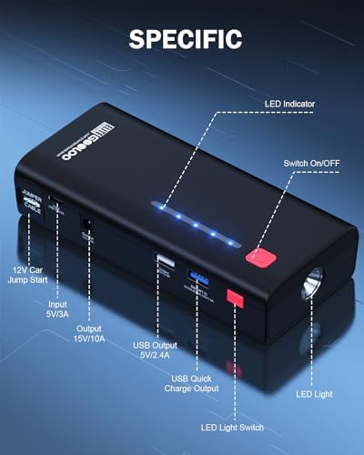 GOOLOO Jump Starter GE1200 1200A Peak 18000mAh Portable Battery Booster Pack for Up to 7.0L Gas or 5.5L Diesel Engine with USB Quick Charge and LED Light, 12V Lithium Car Starter