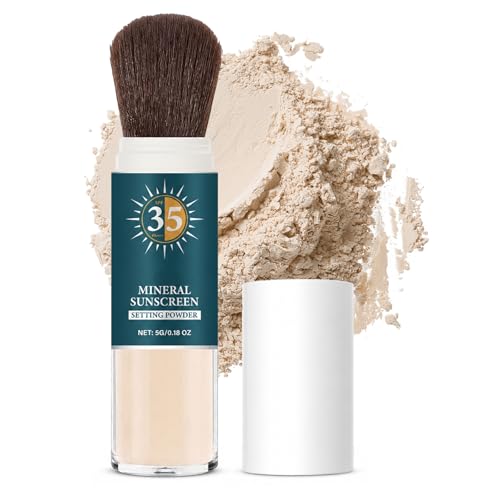 EONFAVE Polvo protector solar SPF 35 con cepillo, polvo de fijación para cara mineral, polvo de fijación mate con control de aceite, polvo suelto transparente para viajes
