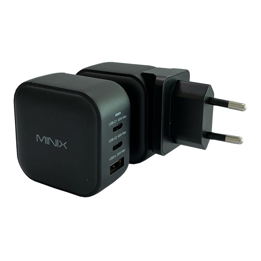MINIX NEO P1 Caricabatterie da parete con 3 porte USB: 2 x USB-C 3.0 (massimo 65 W), 1 x USB-A Quick Charge 3.0 (massimo 36 W), adattatore incluso: spina UE/UK/USA