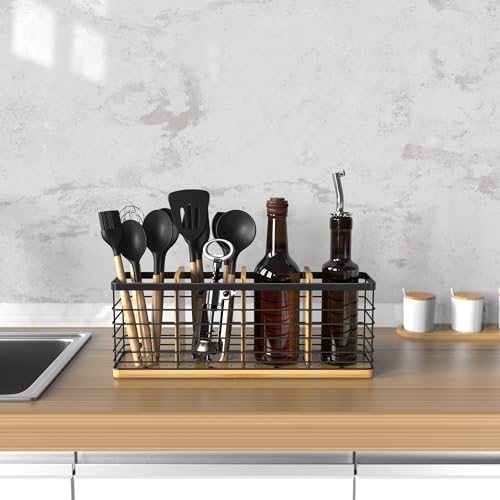 Kitchen-Utensil-Holder-for-Countertop-Large-Matte-Black-Utensil-Holder-with-Wooden-Base-Multifunctional-Farmhouse-Cooking-Utensil-Organizer-Rustic-Cooking-Utensil-with-4-Compartments Kitchen Utensil Holder for Countertop Large Matte Black Utensil Holder with Wooden Base Multifunctional Farmhouse Cooking Utensil Organizer Rustic Cooking Utensil with 4 Compartments