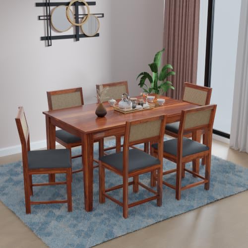 Image of DRIFTINGWOOD Amber Solid Sheesham Wood 6 Seater Dining Table Set with Rattan Back Chairs | Grey Velvet Cushioned Seating for Home & Dining Room (Honey Finish, DIY)