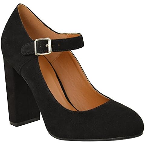 Womens Block High Heels Ankle Strap Court Shoes Ladies Mary Jane Comfort Work Pumps Formal Smart Office Heeled Party Occasion Strappy Slip On Heel Sandals Black Faux Suede Cover