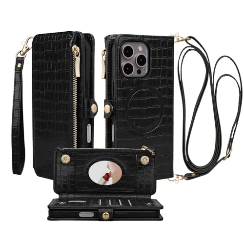 Crossbody Wallet Case for iPhone 16 Pro Max with Mirror, Wrist Strap, Zipper Purse Magnetic Flip RFID Blocking Card Holder, Wireless Charging, PU Leather Shockproof 6.9" Women (Black)