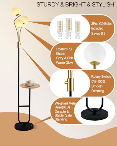 Image of Lightdot Dimmable Gold &Black Floor Lamp with Tray 65IN Mid Century Standing Lamps with Shelf, 3000K Warm White Bulbs Included, Modern Globe Floor Lamp for Living Room /Bedroom /Sofa Beside /Corner Decor