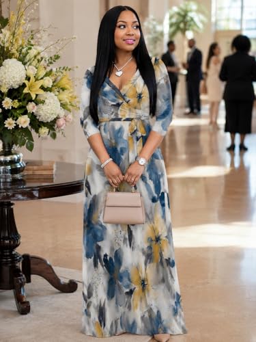 Image of Plus Size Maxi Dress for Women V Neck 3 /4 Sleeve Wrap Dresses