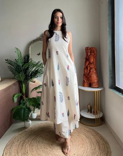 Image of Klosia Women Pure Cotton Kurta Palazzo Set | Sleeveless Printed Kurta with Palazzo Pants | Summer Friendly, Office Wear Co-Ord Set