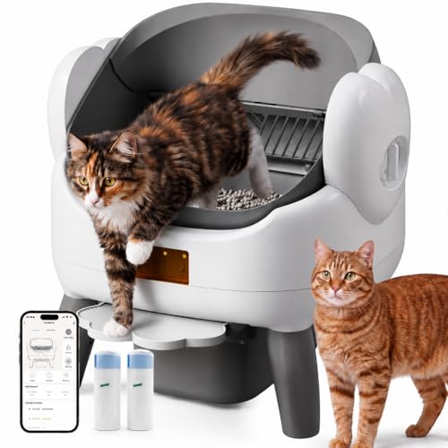 Automatic Litter Box Self Cleaning, Automatic Cat Litter Box for Multiple Cats with App Control, Open Top Self Cleaning Litter Box - Safety Protection, Easy Setup, Gray