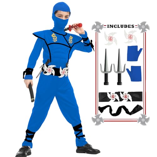 SATKULL Kids Ninja Costumes Set Halloween Ninja Costume Boys Ninjas Cosplay Suit with Accessories Toys for Kids(Kids-S-4/5T Blue)