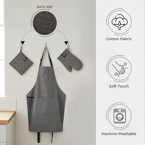 Image of Encasa XO 100% Cotton Apron Set for Women & Men with Adjustable Apron, Oven Gloves & Pot Holder (Pack of 3) Combo, Heat-Resistant, Soft & Durable for Cooking, Baking & Grilling (Grey)