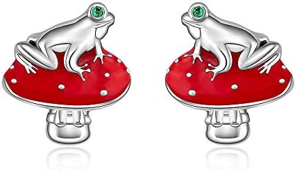 Mushroom Frog Earrings for Teen Girls 925 Sterling Silver Women's Clip-on Earrings Cute Dainty Crystal Emerald Piercing Stud Red Fashion Funny Hypoallergenic Animal Earring