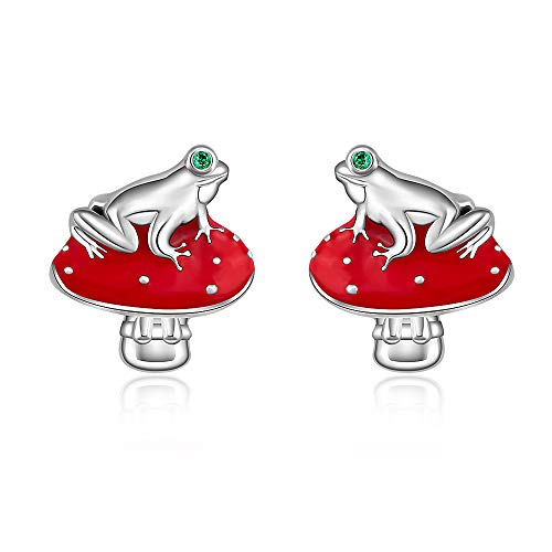 Mushroom Frog Earrings For Teen Girls 925 Sterling Silver Women's Clip-On Earrings Cute Dainty Crystal Emerald Piercing Stud Red Fashion Funny Hypoallergenic Animal Earring #TOP1