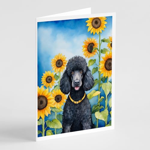 Caroline's Treasures Black Poodle in Sunflowers Greeting Cards Pack of 8 Blank Cards with Envelopes Whimsical A7 Size 5x7 Blank Note Cards