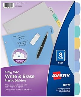 Avery 8-Tab Plastic Binder Dividers, Write & Erase Multicolor Big Tabs, 1 Set