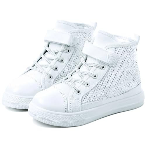 Sneakers for Girls, Kids Cute Fashion High Top Casual Canvas Sequin Shoes-(Pk/Pur/Bla/WHI)