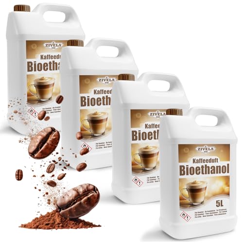 Bioetanol 96,6% 20L | Bio Alcohol Café Aroma 96,6% 4x5L | Bioetanol para Chimenea, Chimenea de mesa, Chimenea de Bioetanol | Aroma de café de bioetanol | Combustión limpia, sin humo, llama viva y