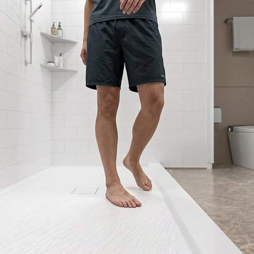 32x60 Shower Wall Panels with Base Kit, 4-Piece Shower Surround Set, Glossy White Subway Tile Look, SMC Solid Surface Panels, Grout-Free Bathroom Remodeling for Tub to Walk in Shower Conversion