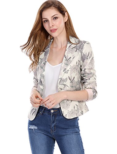 Allegra K Women's Open Front Office Work Business Crop Suit Blazer Jacket, Beige-floral, L