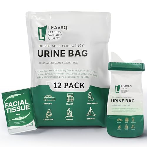 Leavaq Disposable Urine Bags, 12 Pack 800ml Portable Urinal and Female Urinal for Travel, Leakproof Emergency Toilet Solution, Uni Pie Bags for Men, Women, Camping, Jam and Kids -