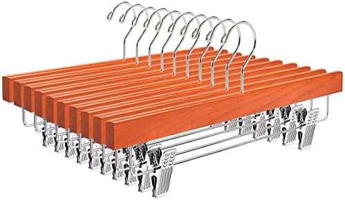 Amber Home Cherry Wooden Pants Skirts Hangers 24 Pack, Solid Wood Trousers Bottom Hanger with 2-Adjustable Clips, Clip Hangers for Slacks, Jeans, Shorts (Cherry, 24 Pack)