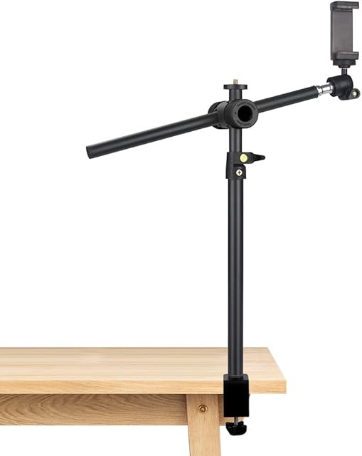 JEBUTU Overhead Camera Mount Desk Stand with 360°Adjustable Holding Arm, Flexible Overhead Phone Stand with Ballhead & Phone Holder, Webcam Stand Camera Desk Mount for Video Light Webcam Cell Phone