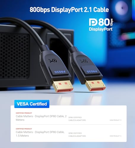 [VESA Certified] Cable Matters 80Gbps DisplayPort 2.1 Cable - 4.9ft / 1.5m, DP80 Cable with 16K 60Hz, 8K 240Hz, 4K 240Hz, FreeSync, G-SYNC and HDR for Gaming Monitor, PC, RTX 4080/4090, RX 7900, Black