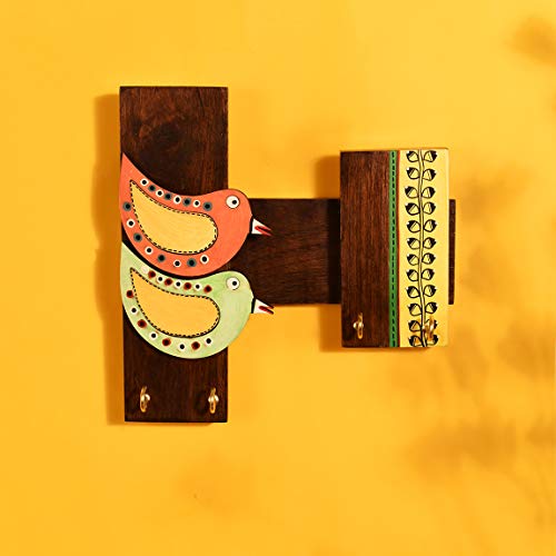 Image of AAKRITI ART CREATIONS Key Holder, Handcrafted Tribal Art Bird Theme Key Hanger | Rustic Wood Wall Organizer with 4 Hooks | New Home Gifts | Multifunctional Entryway Decor Item
