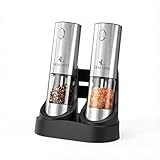 Salt and Pepper Grinder Set – LEXI LUXE Electric Rechargeable Stainless Steel Mills with Adjustable Coarseness, LED Light & Base Charger – Ideal for Kitchen Essentials & Gifts (SILVER)