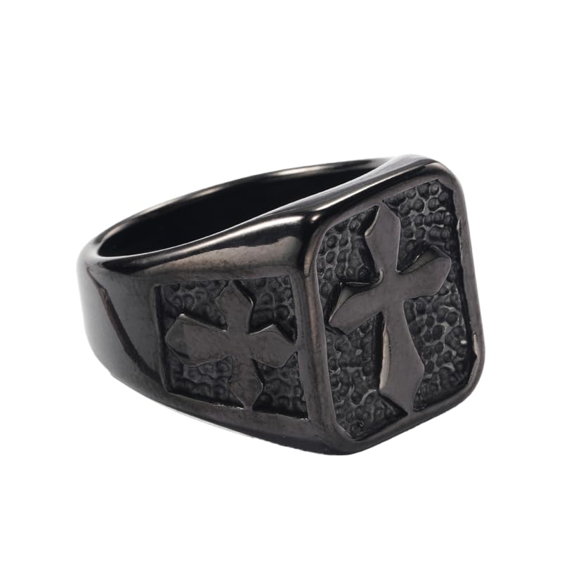 Cross Ring for Men,Stainless Steel Black Religion Cross Ring Bold Square Band with Cut Out Cross Motifs, Gothic Style Statement Christian Jewelry Size 8-12