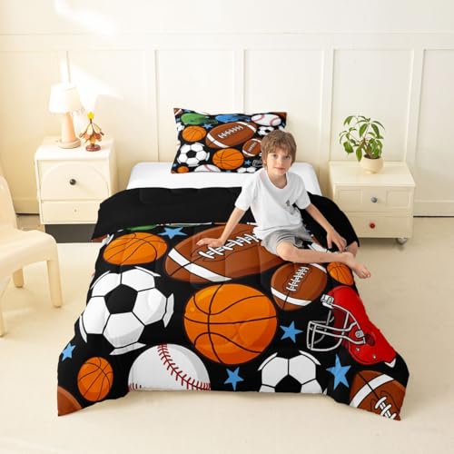 Image of Feelyou Football Kids Comforter Set Toddler Size Basketball Sports Bedding Set Soccer Ball Game Duvet Quilt for Kids Boys Girls Bedroom Black Baseball Gaming Decor Microfiber Ultra Soft Breathable