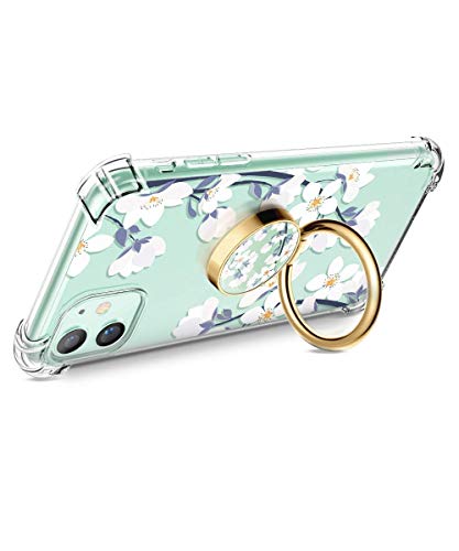 GVIEWIN Clear Flower Design iPhone 11 Case 6.1 inch 2019 Bundle with Flower Designed Phone Ring Holder,Windflower/White(2 Items)