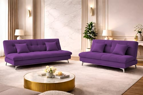 Image of Krancy Solid Wood 3 + 2 Seater Sofa Cum Bed with 2 Cushions | Convertible Wooden Couch for Living Room, Home & Office | Modern Designer Furniture | 3 Years Warranty | Purple
