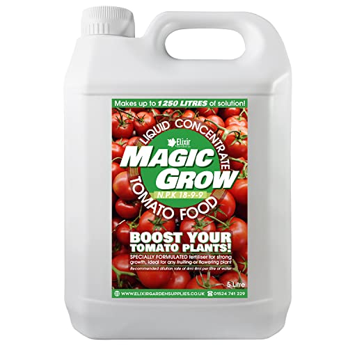 Elixir Gardens Magic Grow Liquid Tomato Food Concentrate | 0.5, 1, 2.5, 5 & 10 Litre Quantities | Plant, Fruit & Flower Feed/Fertiliser | N.P.K 18-9-9 | 5 L Bottle | Makes up to 1000 Litres