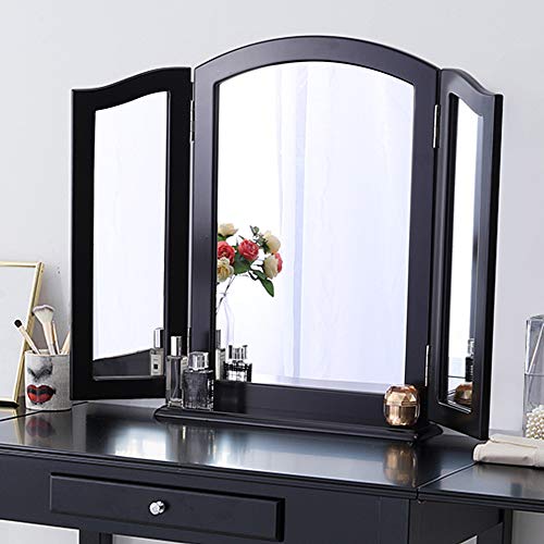 Chende Grand Miroir Triple Pliable avec Base, Miroir Triptyque Maquillage en Bois pour Coiffeuse, Miroir de Table ou Triple Miroir Mural Noir, Trois Miroir Rabattable Style Hollywood (84cm x 62cm)