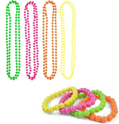 Zpeiran Bunte Perlenketten,8 Stück Hippie Halsketten & Armband als buntes Partyzubehör und Kostümzubehör,Für Fasching,Karneval & 80er Jahre Mottoparty