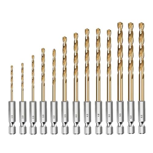 Bestgle Set di 13 Punte Elicoidali in Acciaio ad Alta Velocità, Acciaio HSS Rivestito in Titanio, 1.5mm-6.5 mm Set Punte Elicoidali HSS da 1/4