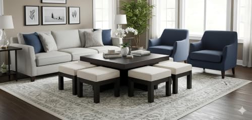 Image of Loonart Solid Sheesham Wood Coffee Table with Four Cushioned Stools|Idel for Living Room|Cafe|Restaurant|Space Saving Indoor Table Set|Finish Color - Warm Chestnut Finish|Off White Cushion|