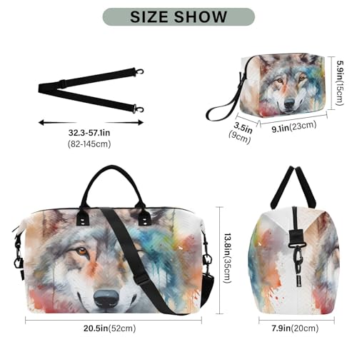 Large Travel Duffel Bag, Doodle Face Wolf Watercolor Sport Tote Gym Bag, Shoulder Weekender Overnight Bag for Women Men, Carry On Luggage with Toiletry Bag3
