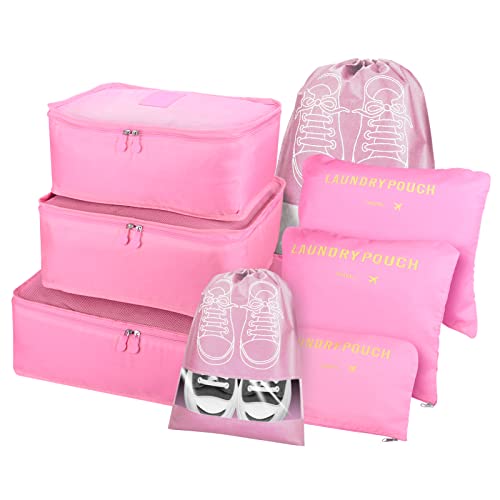 Teynewer Lot de 8 cubes d'emballage pour valise, organiseur de voyage, sacs d'emballage de voyage, sacs à chaussures pour accessoires de voyage, rose Cover