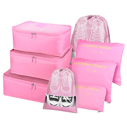 Teynewer Packing Cubes for Suitcase, 8PCS Travel Organiser Packing Bags Packing Cubes Set Travel Luggage Organisers with Compression Pouches Shoe Bags for Travel Accessories, Pink