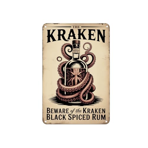 Kraken Black Spiced Rum Bottle Vintage Nautical Sea Monster Metal Sign Print Aesthetic Room Decoration for Home Bedroom Kitchen Bar Dorm Bathroom Wall Decor 8 X 12