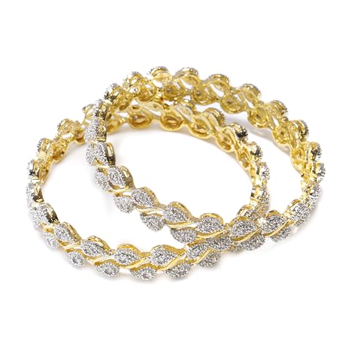 Image of ZENEME Bangle Gold Plated American Diamond Studded Sparkling Leafy Designed Set Of 2 Bangle Jewellery For Girl and Women
