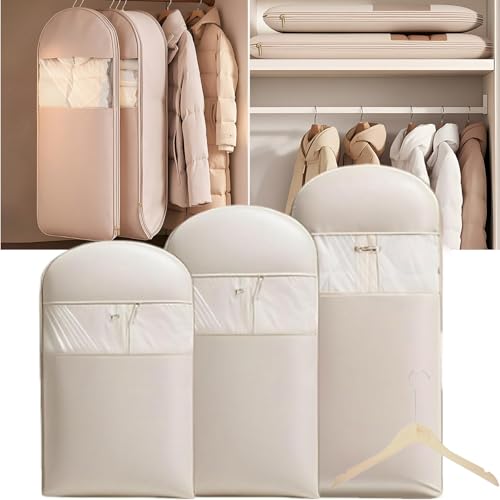Otherwise Garment Bag, Space Saving Hanging Garment Bag with Self Compression Zipper,Dust Cover Clothes Bags for Down Coat,Space Saver Closet Organizers, for Closet Storage (Beige, 3PCS(M+L+XL))