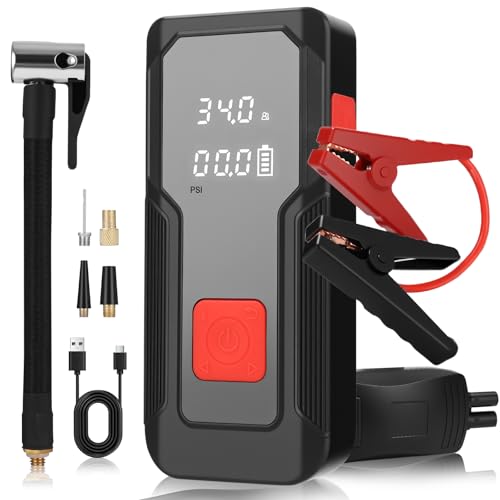 Batería de arranque para coche, 5 en 1, arrancador de coche, 150 PSI 2000 A, corriente máxima para todo tipo de gasolina y motor diesel de 10,0 l, 8000 mAh, 15 V, pantalla LCD portátil y linterna LED