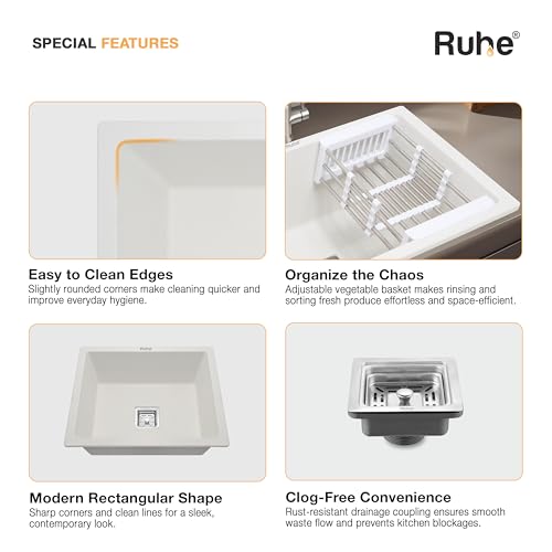 Image of Ruhe Crystal White Quartz Single Bowl Kitchen Sink - 21x18x9 inches | Noise-Reducing, Durable & Scratch-Resistant Kitchen Sink | Granite Sink with Vegetable Washing Basket, Coupling and Waste Pipe