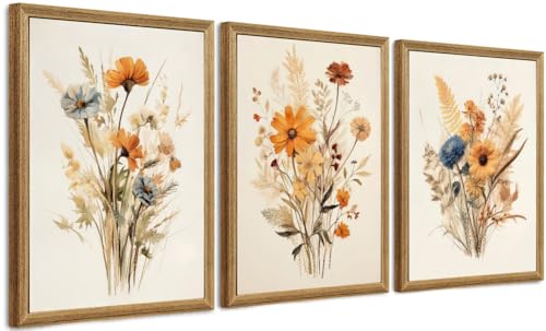 Framed Vintage Wildflower Canvas Wall Art Floral Set of 3