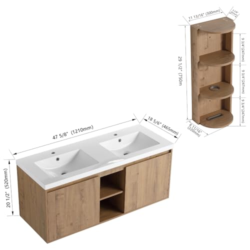 Image of Floating Bathroom Vanity, 48 inch Bathroom Storage Cabinet with Double Resin Sinks, 2 Soft-Close Doors & 2 Open Storage Shelves, Wall-Mounted Vanity with Extra Three-Layer Spacious Shelves, Oak