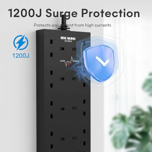 Extension Lead with USB Slots, 8 Way Socket Surge Protection with 4 USB(2C+2A) Multi Plug 2990W Safety Shutter with 2M Extension Cord for TV PC Laptops Tablets (TS 28C2 2M) BLACK - Image 3